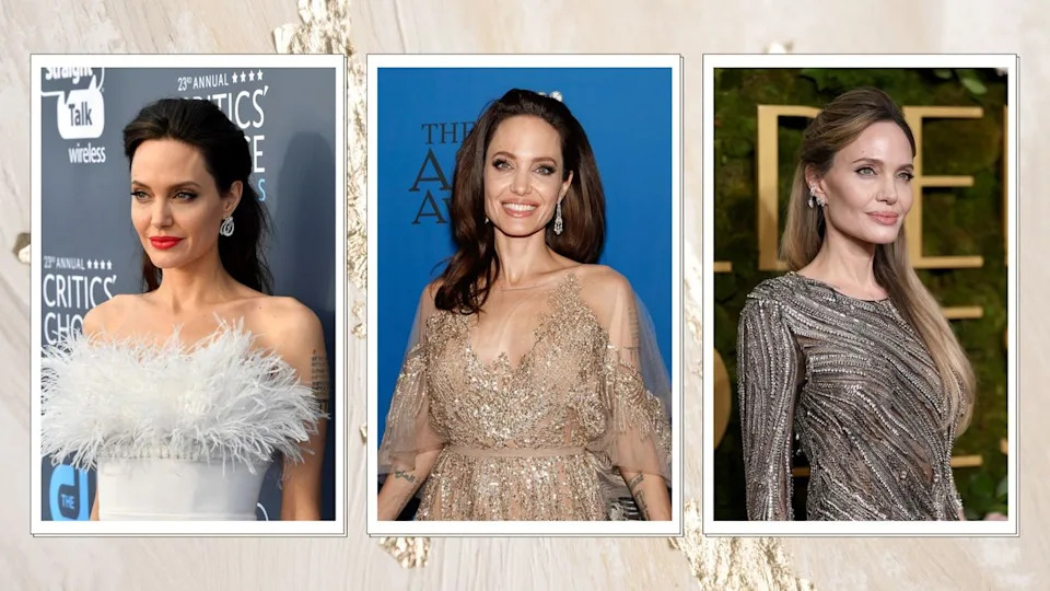  Three images of Angelina Jolie dressed up at events. 