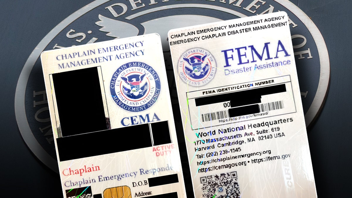 Fake FEMA badges in front of the DHS logo
