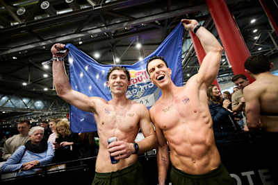 Florian Mesarsos and Jan Lindmaier celebrate at the HYROX event in Vienna, Austria in 2026.