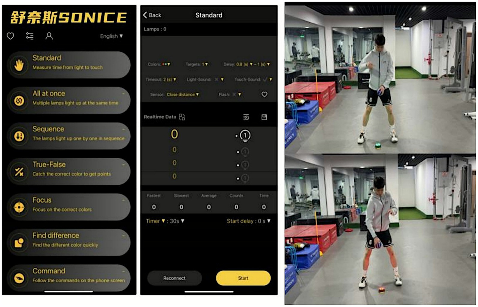 App interface and a person exercising with a light sensor. The app displays options like "Standard" and "Sequence" for measuring response to light. The person in sports attire interacts with glowing sensors on the gym floor.
