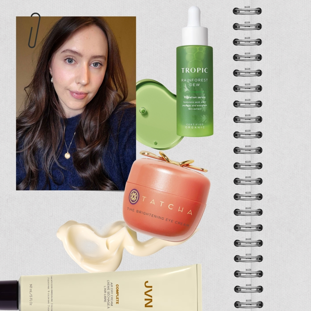 A picture of Digital Beauty Writer, Naomi Jamieson, on a grey notebook page background surrounded by beauty products from Tropic, Tatcha and JVN, along with cream and serum swatches
