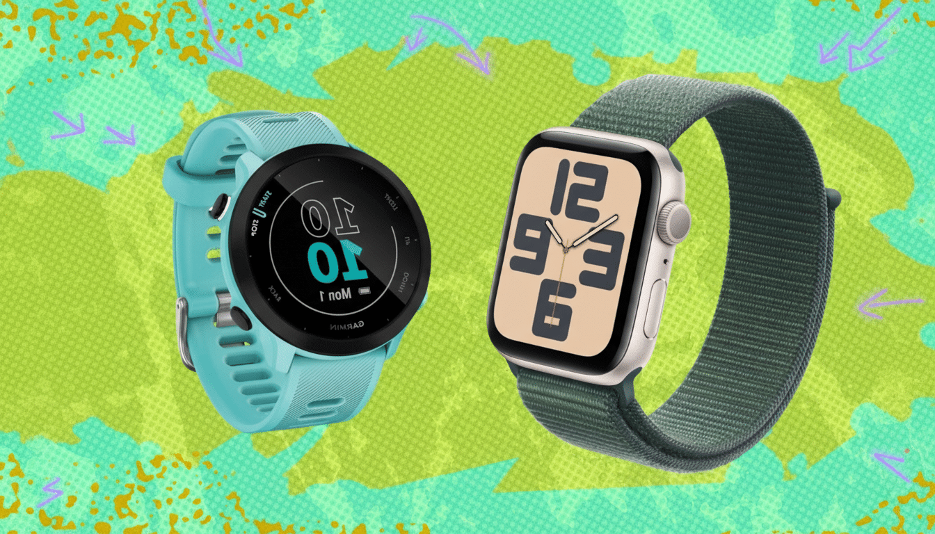 Two smartwatches, one turquoise and one with a green band, are displayed on a vibrant green and blue patterned background.