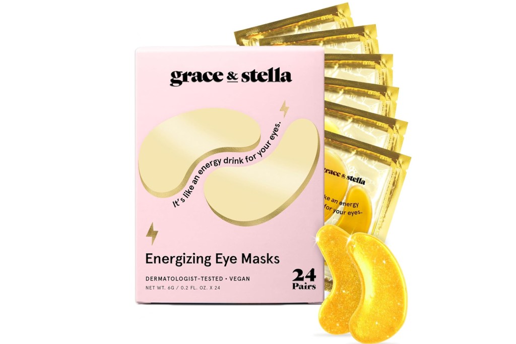Grace & Stella Energizing Eye Masks in a pink box with 24 pairs, along with individual golden eye masks and their gold foil packaging.