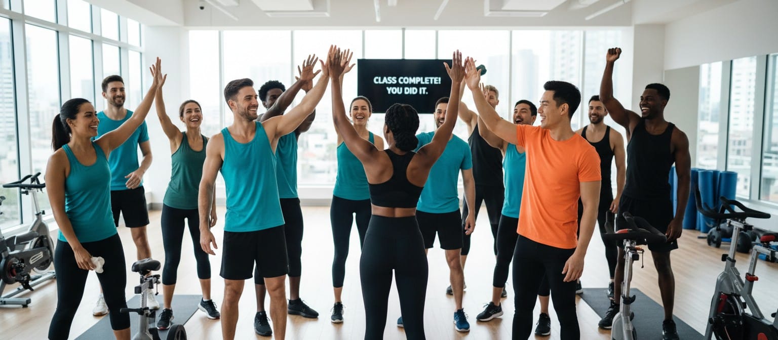 A diverse group of people in a modern gym giving each other high-fives after a group workout session, illustrating social support and accountability.