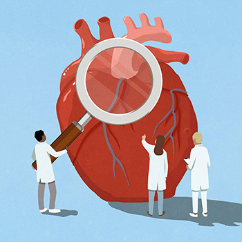 Illustration of three doctors evaluating a larger-than-life heart