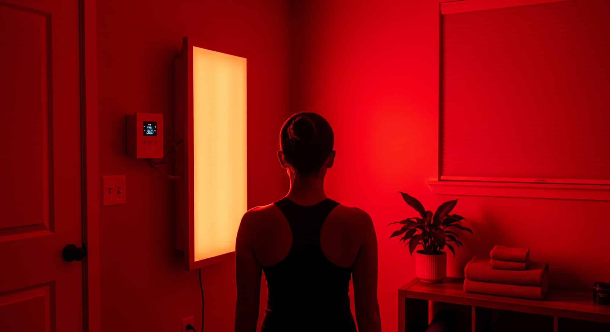 A person standing in front of a tall, glowing red light therapy panel in a dedicated home wellness space.