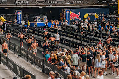 Participants of the pro men category perform at the Hyrox World Championship in Nice, France, on June 8, 2024. 