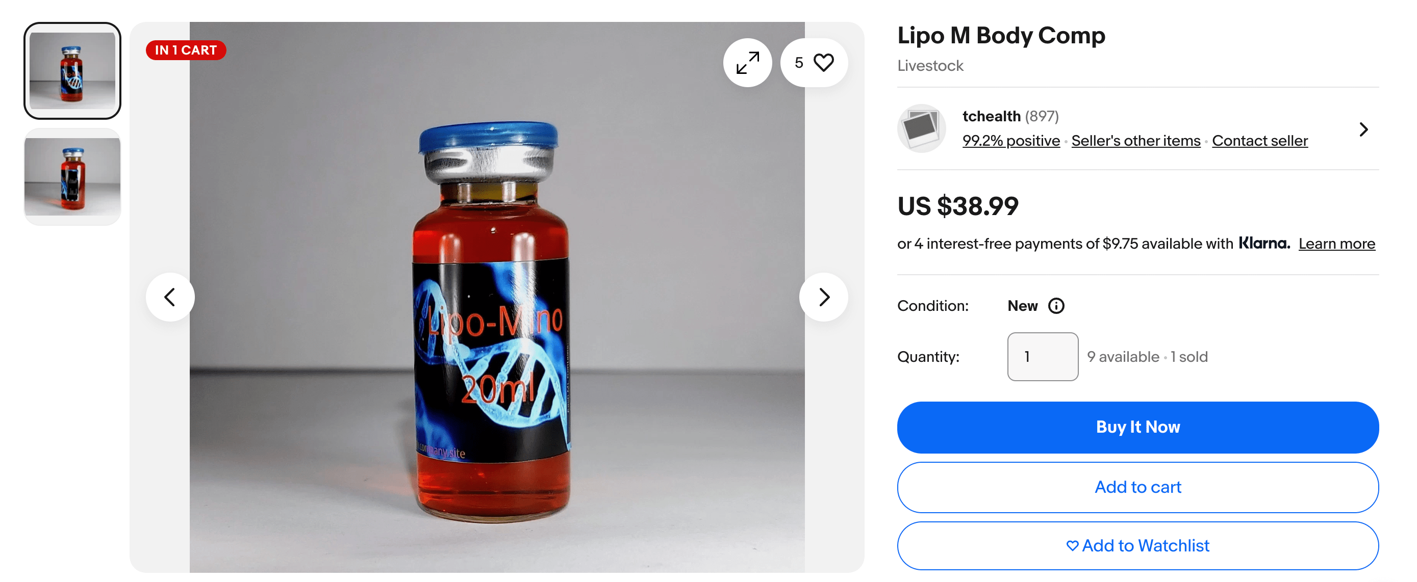 A screenshot of an eBay listing for "Lipo M Body Comp," an orange substance inside a glass ampoule with a homemade label. 