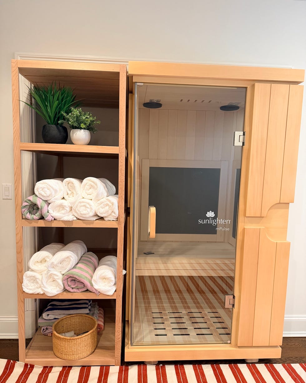 infrared sauna with a towel storage shelf