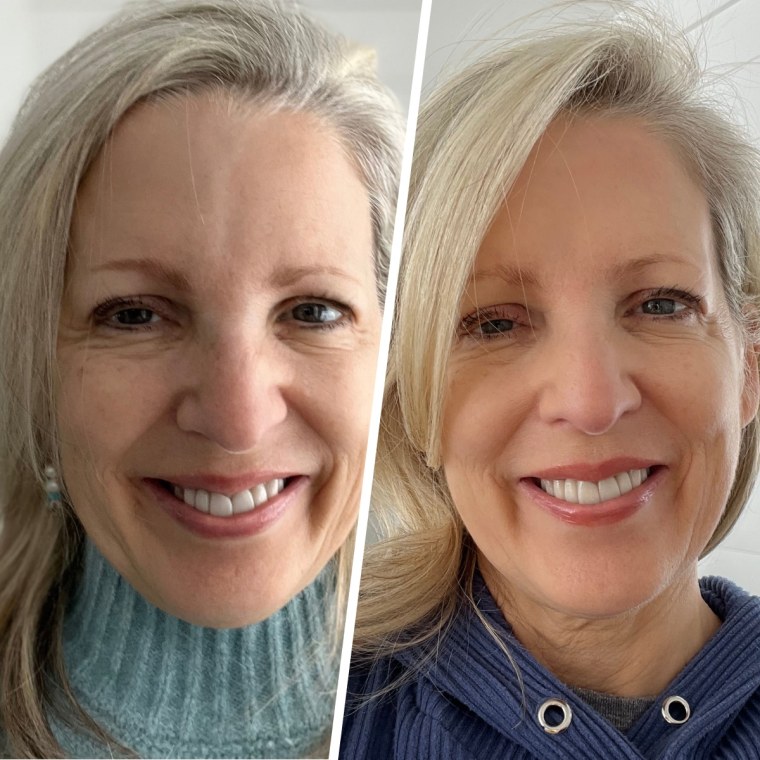Writer Colleen Sullivan before and after applying the Laura Geller Baked Balance-n-Brighten Powder Foundation.