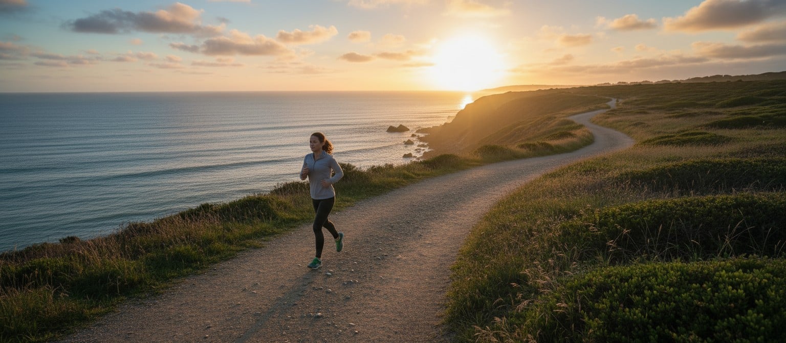 A person jogging along a scenic coastal path at sunrise, symbolising the consistency and marathon-like nature of a long-term fitness journey. This version has no text or watermarks.