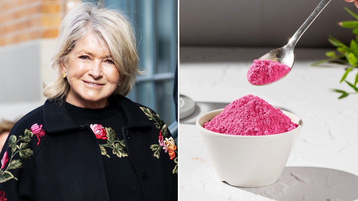 At left, Martha Stewart in floral embroidered jacket, smiling at Carolina Herrera fashion show during New York Fashion Week on February 12, 2026. At right, woman's hand scooping pink supplement from small white bowl.