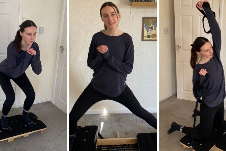 Collage of three images of woman exercising at home platform