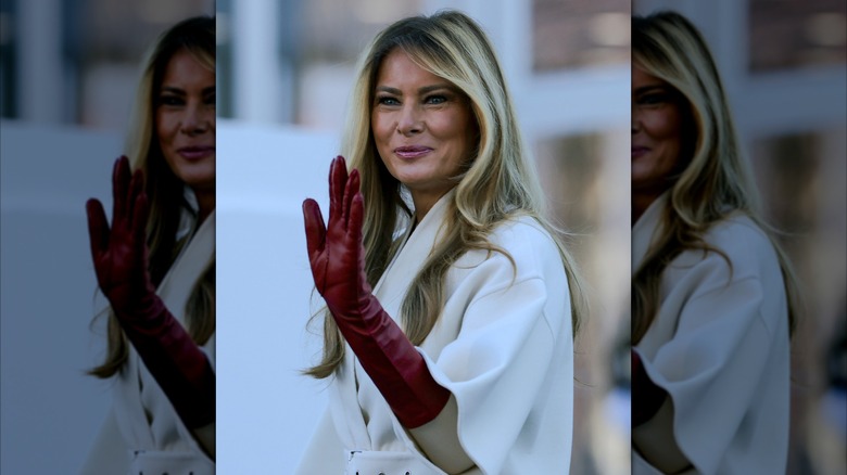 First lady Melania Trump welcomes the official 2025 White House Christmas Tree outside the North Portico of the White House on November 24, 2025