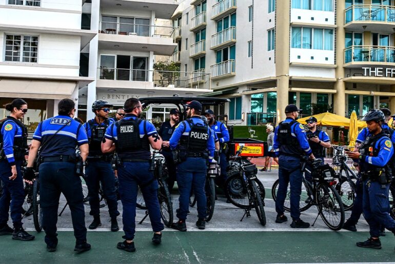 Miami Beach Police patrol the streets during spring break weekend in 2025