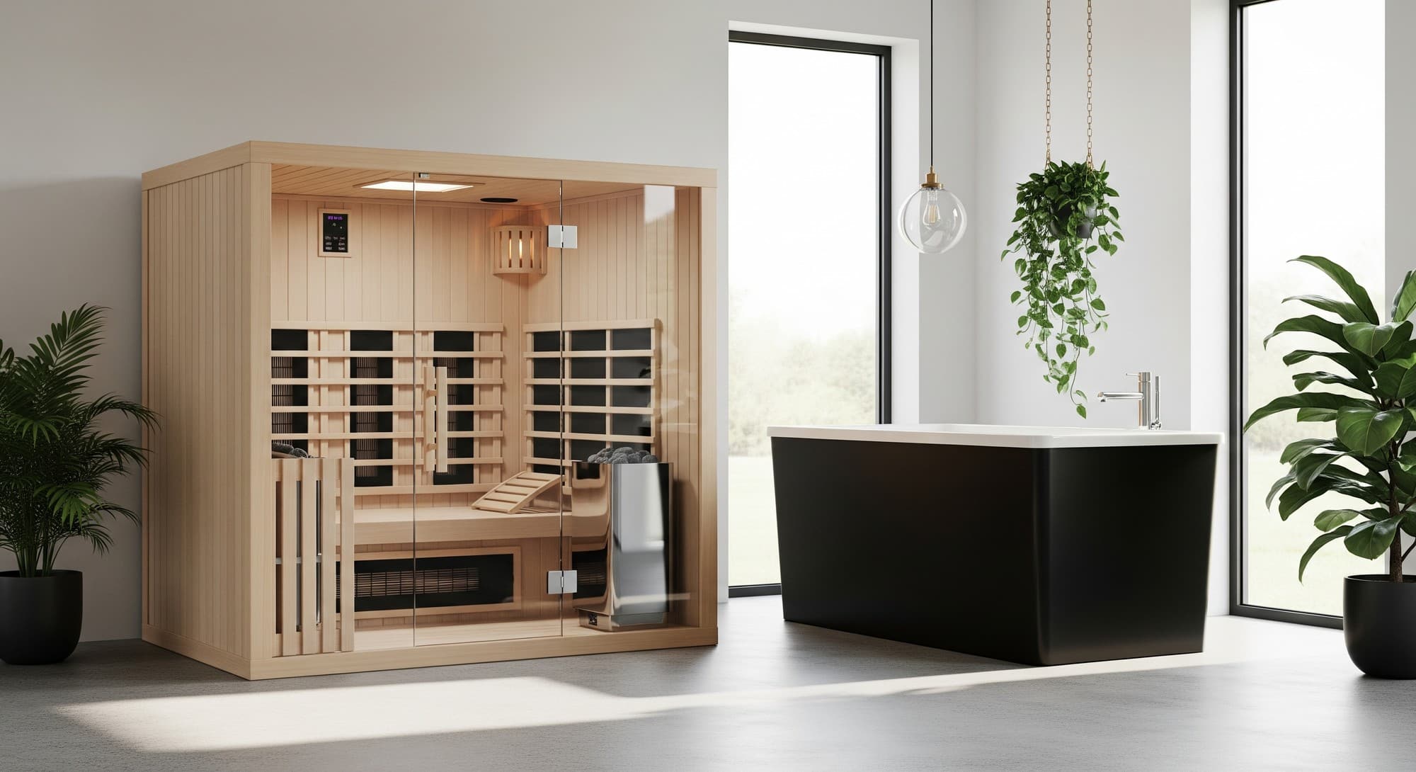 A modern, minimalist home recovery room featuring a sleek wood-panelled infrared sauna and a contemporary cold plunge tub in a bright, clean space.