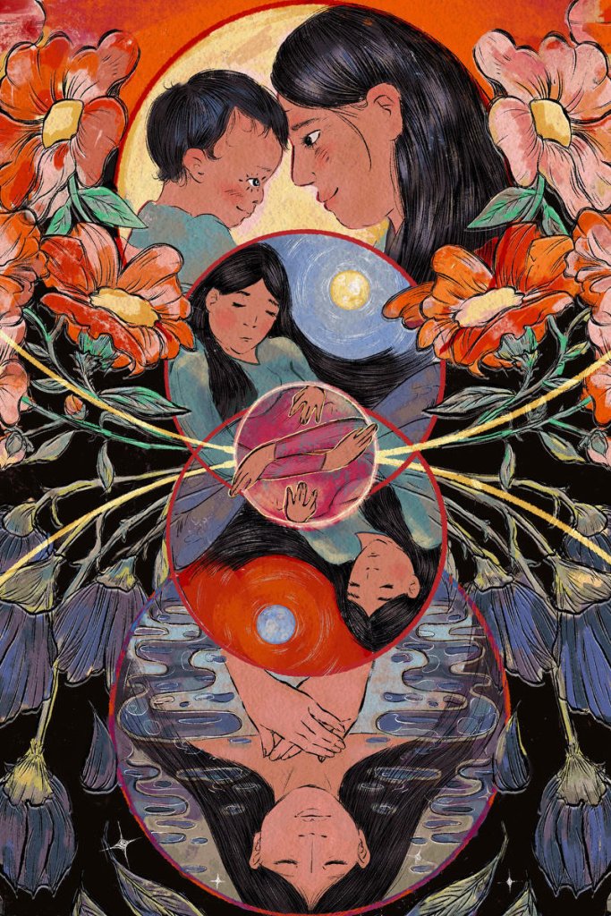 An illustration of a pregnant person holding their belly and another femme-presenting person with an infant surrounded by flowers.