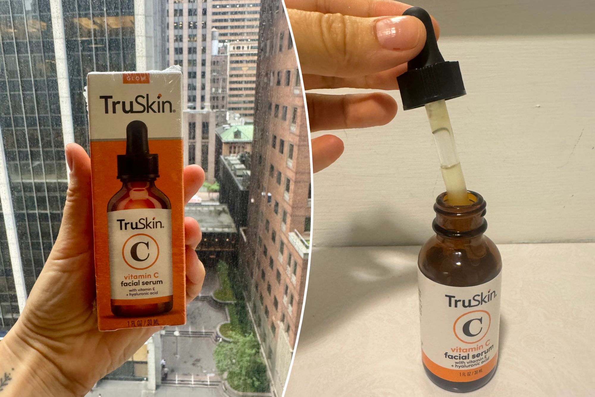 A split image of TruSkin vitamin C serum in front of a window and on a shelf with the dropper out