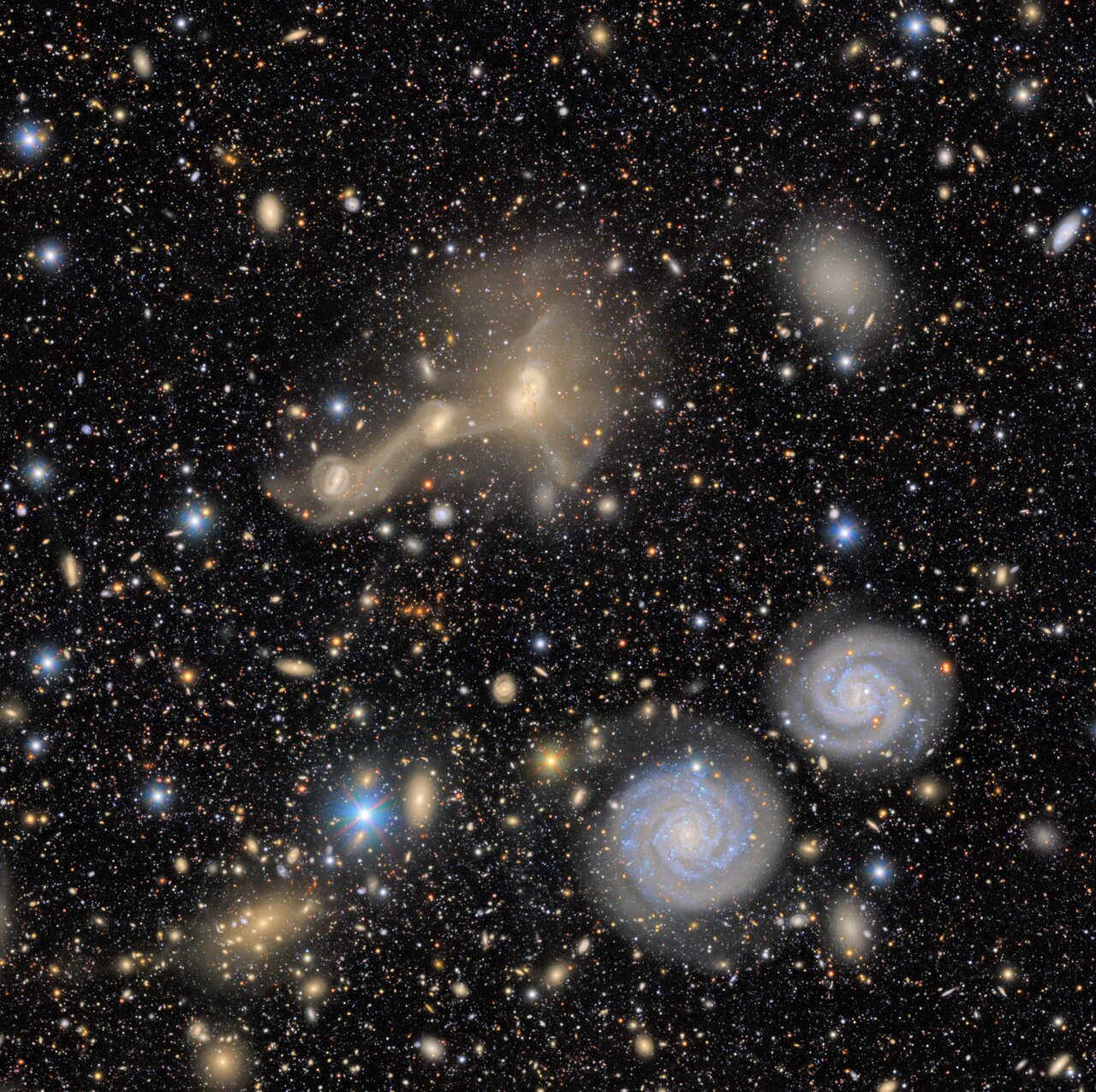 A dense star field with several bright spiral galaxies and fuzzy elliptical galaxies scattered across the dark night sky, as the Vera Rubin Observatory helps astronomers solve puzzles of the cosmos.