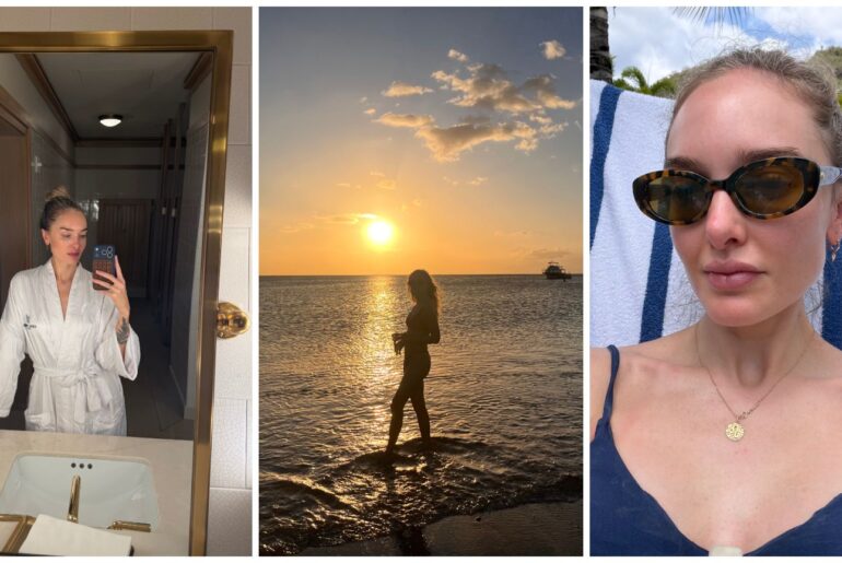 trio of vacation photos, including a woman in a white robe taking a selfie, a woman on a beach at sunset, and a woman with sunglasses and wearing a navy bikini top