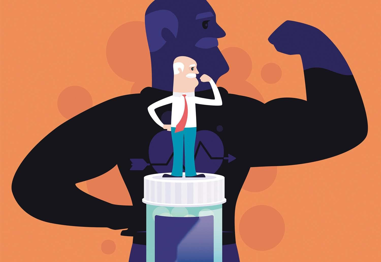Illustration of a man standing on a medicine bottle, with his shadow projected behind him looking much larger and more muscular.