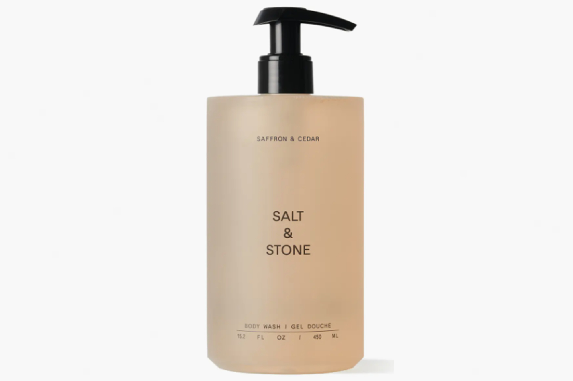 Salt & Stone Saffron & Cedar Body Wash in a pump bottle.