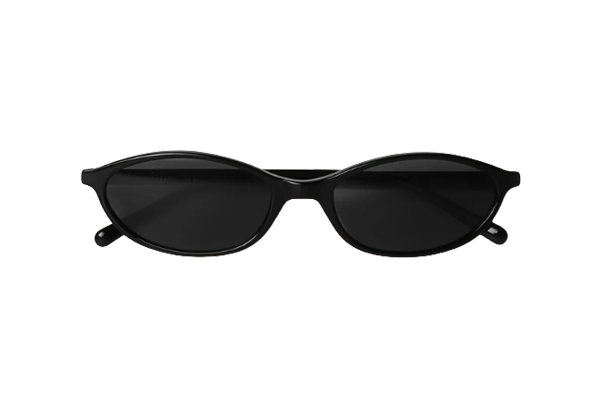 Black sunglasses with narrow oval lenses.