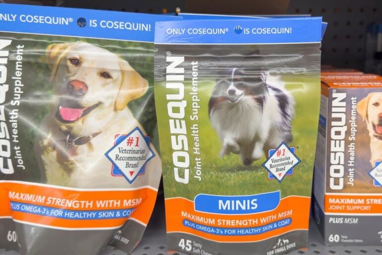 A view of several packages of Cosequin supplements, on display at a local retail store