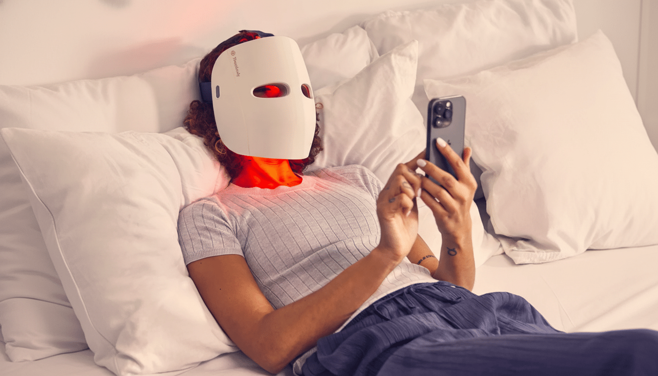 A person wearing a white LED light therapy mask with red lights glowing, lying on a bed with white pillows and sheets, while looking at a smartphone.