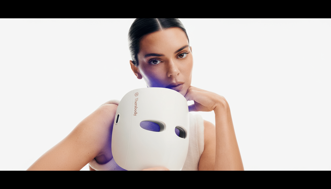 A woman with dark hair pulled back, wearing a light-colored top, holds a white Therabody facial mask with a blue light emanating from it. She looks directly at the viewer with a serious expression.