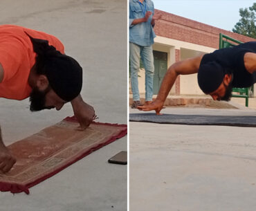 split image of Muhammad Arshad performing push-ups on his thumbs