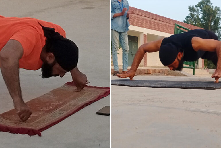 split image of Muhammad Arshad performing push-ups on his thumbs