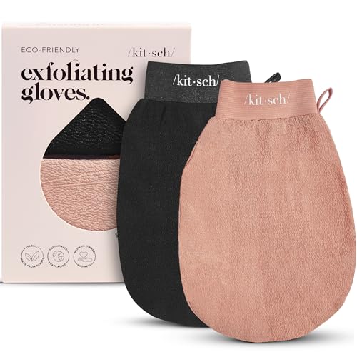 Kitsch Exfoliating Gloves 2pc – Korean Exfoliating Mitt & Deep Exfoliating Body Scrubber for Shower, Bath | Body Exfoliator, Dead Skin Remover | Skin Care for Smooth, Renewed Skin - Black & Terracotta