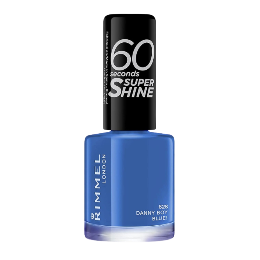 A product shot of the Rimmel 60 Seconds Super Shine Nail Polish in shade Danny Boy Blue (a bright, ocean-blue), on a white background