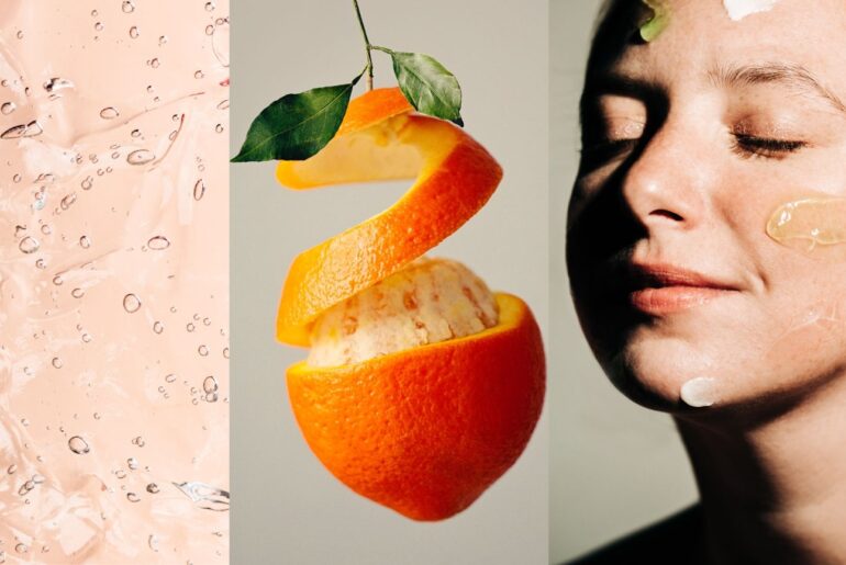 a pink texture of a serum next to an orange on a gray background next to a woman with bare skin with serums on her face