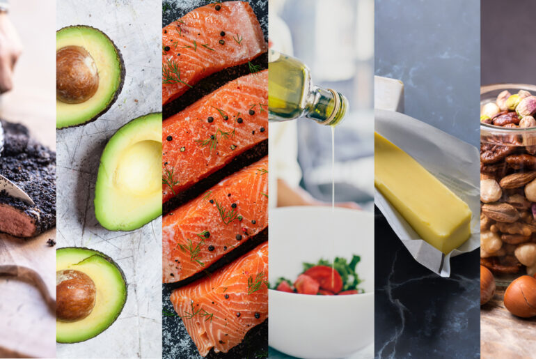 This composite image shows different sources of fat in our diets: someone slicing steak, three half avocados, four strips of salmon ready to cook, someone pouring olive oil on a salad, a stick of butter with its wrapper half off and a jar of nuts.
