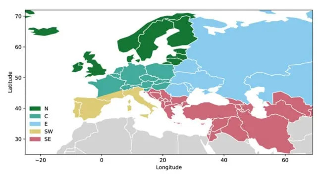 A map of Europe and western Asia, with regions marked in five colors. Countries span Iceland and Russia in the north to Spain and Iran in the south