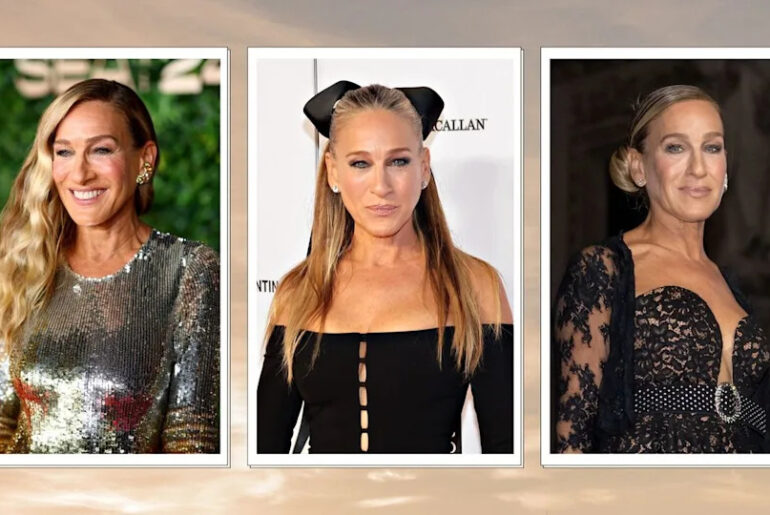 Three images of Sarah Jessica Parker on the red carpet, on a black and gold cloudy background.