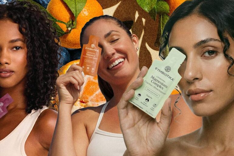 Three individuals holding health supplement products against a colorful background.