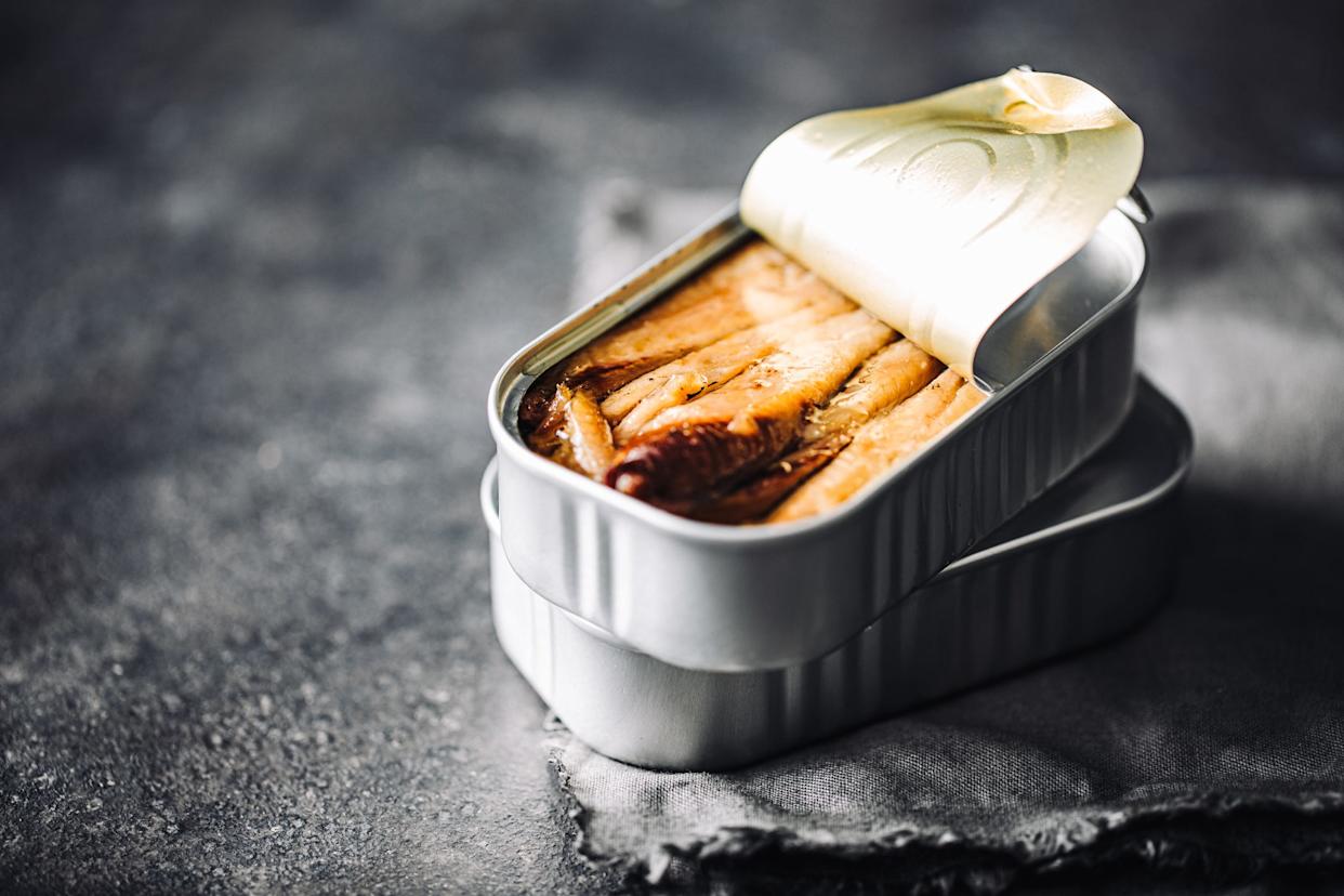 Canned sardine on kitchen table