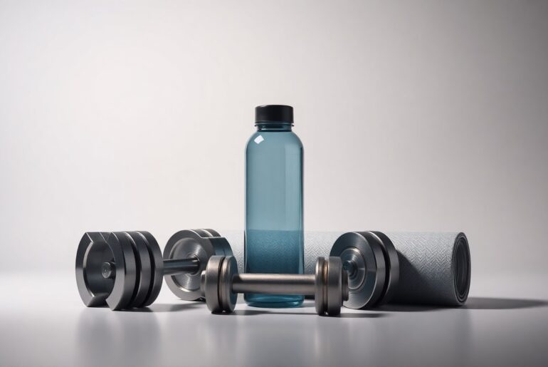 A high-end, photorealistic studio still-life photograph featuring a set of polished metal and glass weights, a sleek exercise mat, and a minimalist water bottle, all arranged elegantly on a clean, monochromatic seamless background, conceptually representing the strategic business dynamics of the fitness industry.