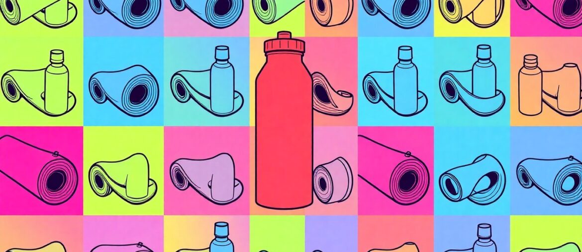 A grid of brightly colored, high-contrast silkscreen images of a yoga mat, repeated in a bold, neon color palette to create a modern, abstract pop art representation of wellness and fitness.