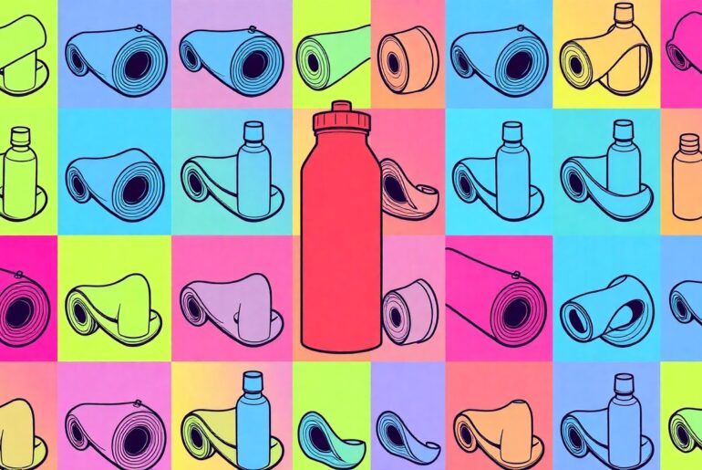 A grid of brightly colored, high-contrast silkscreen images of a yoga mat, repeated in a bold, neon color palette to create a modern, abstract pop art representation of wellness and fitness.