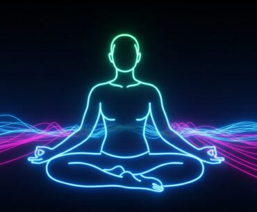 A minimalist illustration of a person in a yoga pose, defined by glowing neon lines against a dark background with pulsing, colorful energy, conceptually representing the holistic wellness activities at the VCSU event.
