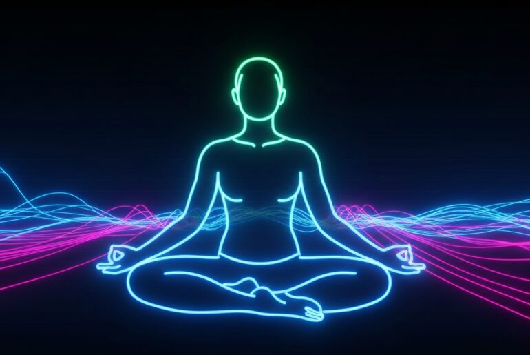 A minimalist illustration of a person in a yoga pose, defined by glowing neon lines against a dark background with pulsing, colorful energy, conceptually representing the holistic wellness activities at the VCSU event.