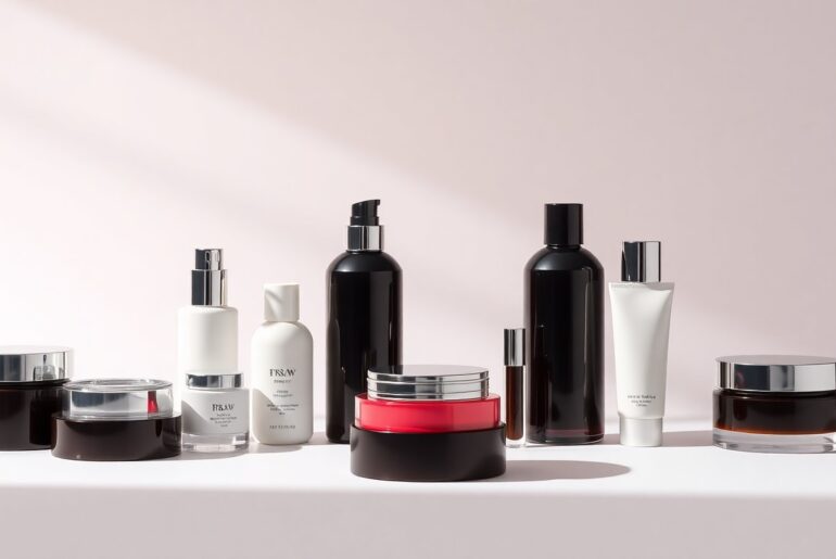 A high-end, photorealistic studio still-life photograph featuring a collection of premium beauty products arranged elegantly on a clean, monochromatic seamless background, using dramatic lighting and shadows to conceptually represent the evolving beauty industry.