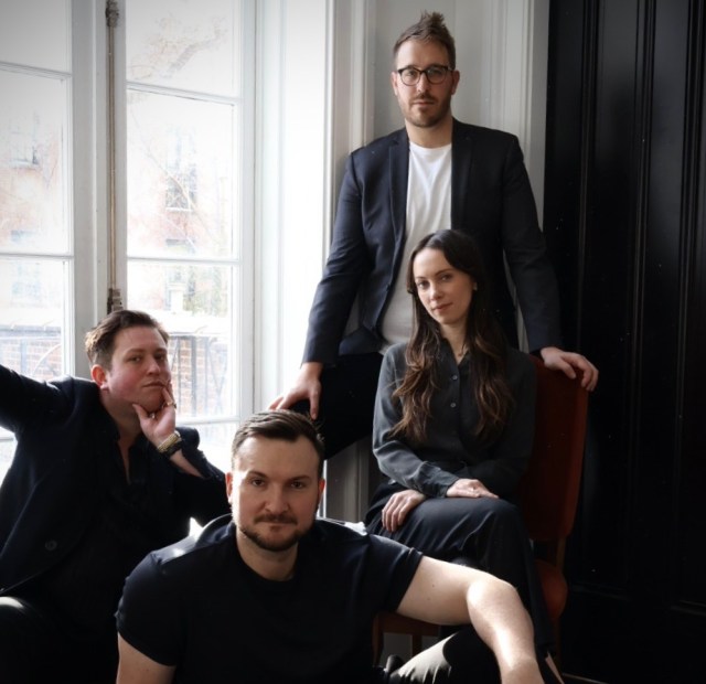(L-R) James Clements (writer), Danilo Gambini (director), Sam Hood Adrain (co-artistic director), Baize Buzan (Leni Riefenstahl) (© Federica Borlenghi)