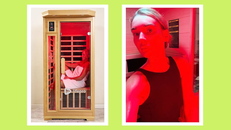 A photo composite for The Looker for a compact home sauna.
