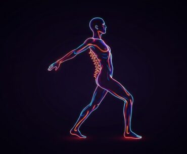 A glowing neon outline of a person in an upright, dynamic posture, with vibrant lines defining the figure