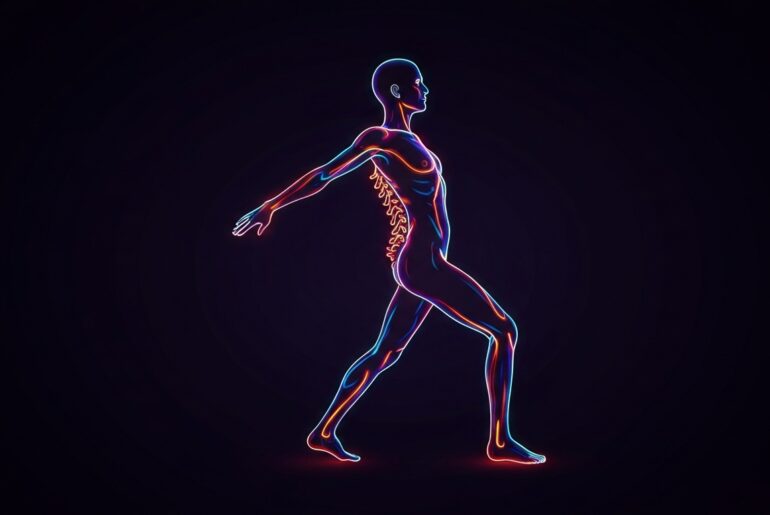 A glowing neon outline of a person in an upright, dynamic posture, with vibrant lines defining the figure